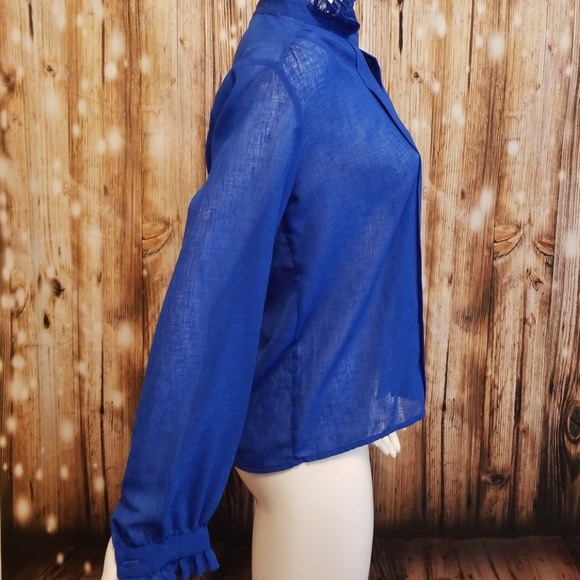 {vintage} royal blue high neck button down blouse - Picture 4 of 7